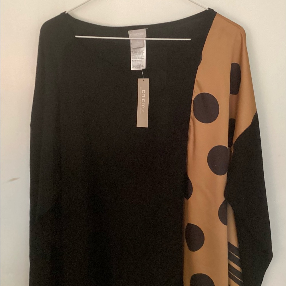 Chico's Asymmetrical Black and Tan Long Sleeve Blouse
